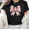 Chic Coquette Bow Christmas Tree Graphic Tee - Casual Crew Neck Short Sleeve Top for Women, 100% Cotton