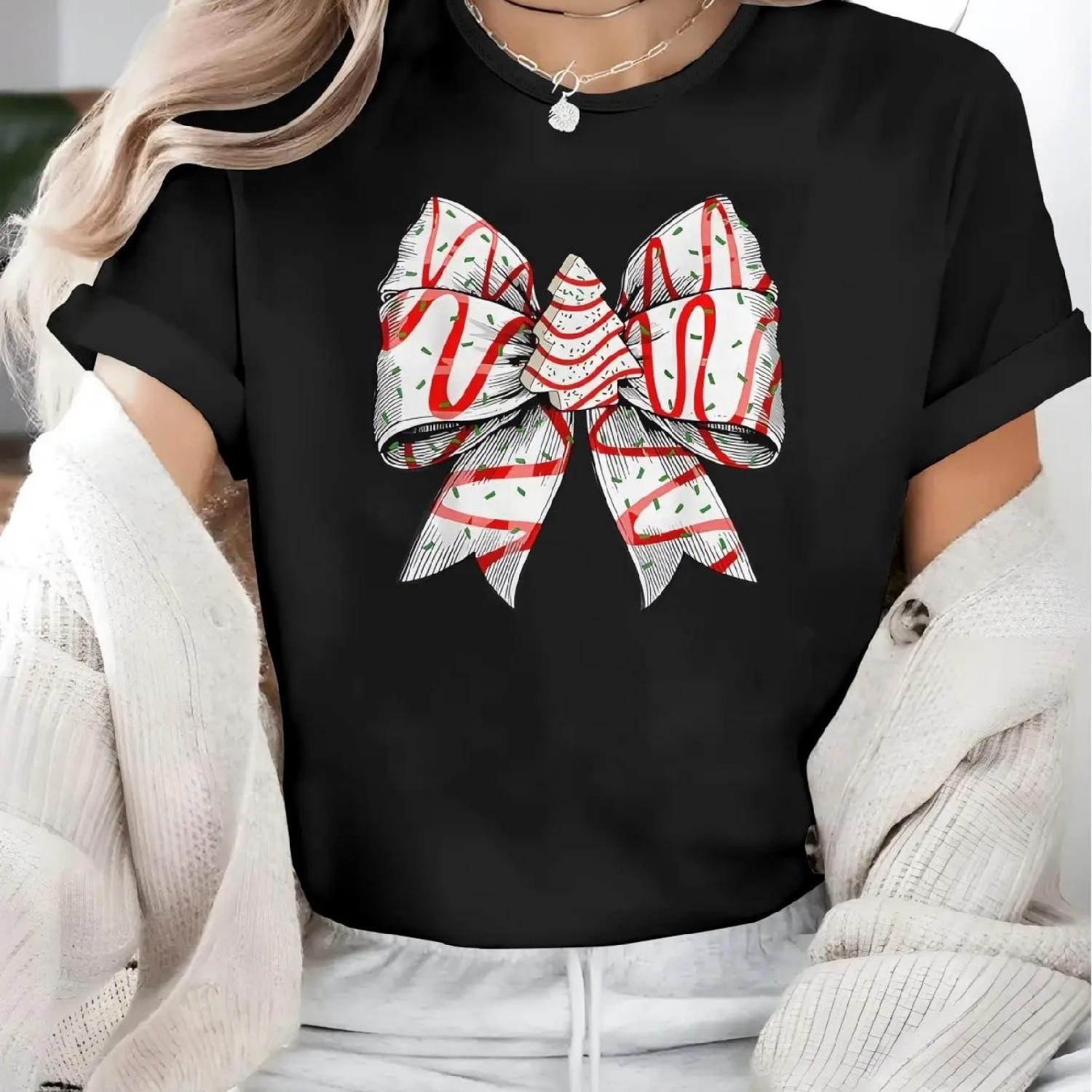 Chic Coquette Bow Christmas Tree Graphic Tee - Casual Crew Neck Short Sleeve Top for Women, 100% cotton S