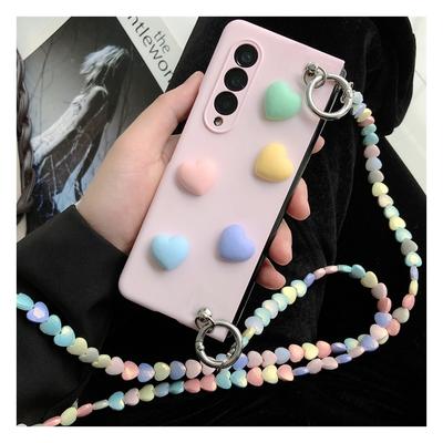 Sevimli Renkli Aşk Kalp Sert Pc Telefon Kılıfı Samsung Galaxy Z Fold 3 5g Kapak Ile Crossbody Halat Kadın Kız Için