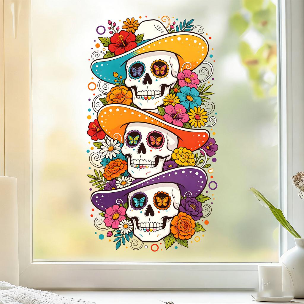 Cartoon Line Sugar Skull Undead Static Sticker for Balcony, Bedroom Window Decoration