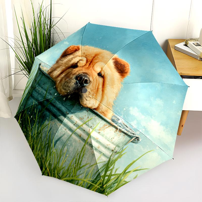 Chow Chow and Grass Pattern, Automatic Folding Umbrella, Portable and Foldable Design, 8 Ribs, a Christmas or Birthday Gift.