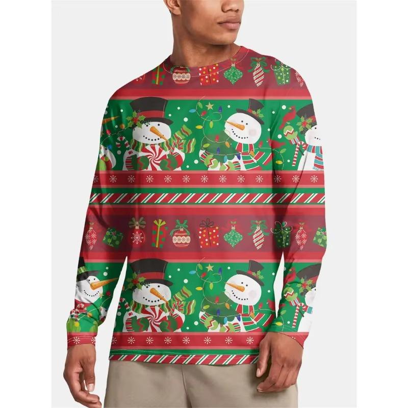 Autumn and Winter Men's Santa Claus 3D Printed Crew Neck Long Sleeve T-Shirt