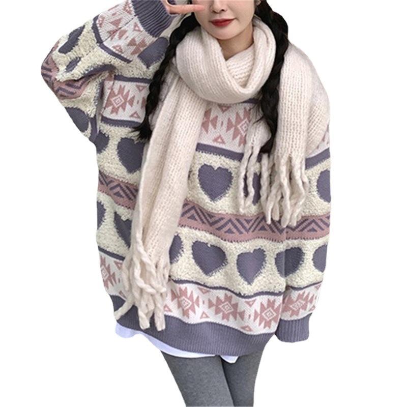Women's Jacquard Love Sweater Autumn/Winter Knitted Sweater Loose Long Sleeve Coat Women's Top