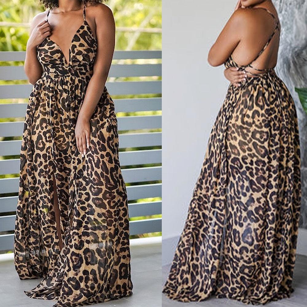 European Leopard Print Deep V-Neck Slit Dress with Cross Shoulder Straps and High Waist Design