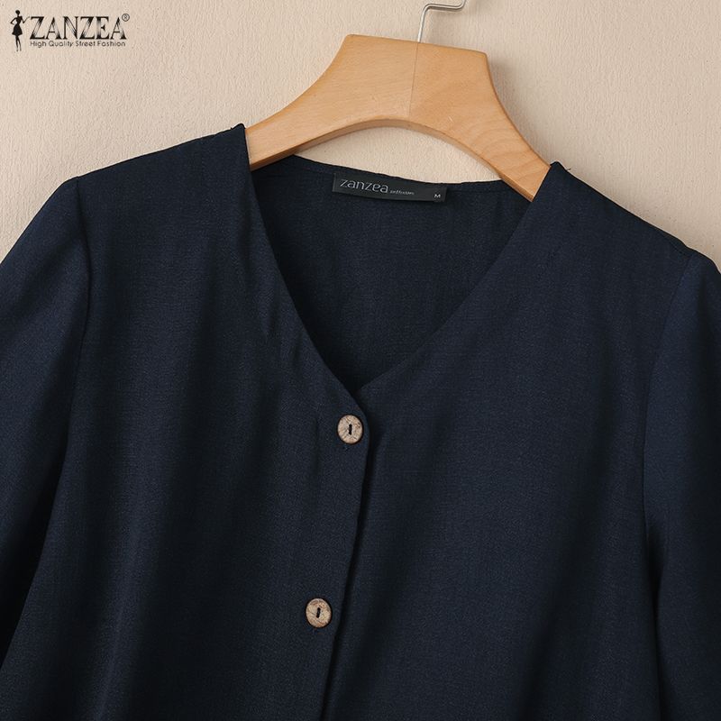 ZANZEA Women Casual Round Neck Half Sleeve Loose Cardigan Blouse