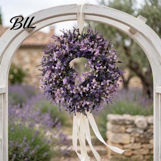 Décoration Lavande Fausse Couronne Artificielle pour Porte d'Entrée Printemps Été Arrangement de Fleurs Simulées Violettes Fausses Mur Intérieur Extérieur Porche Fenêtre