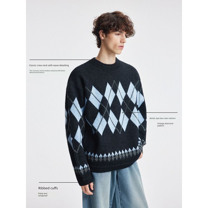Bodydream Nordic Fair Isle Sweater for Men, Diamond Pattern Knitwear, Color-Blocked Knit Top/Round Neck Wave Craft