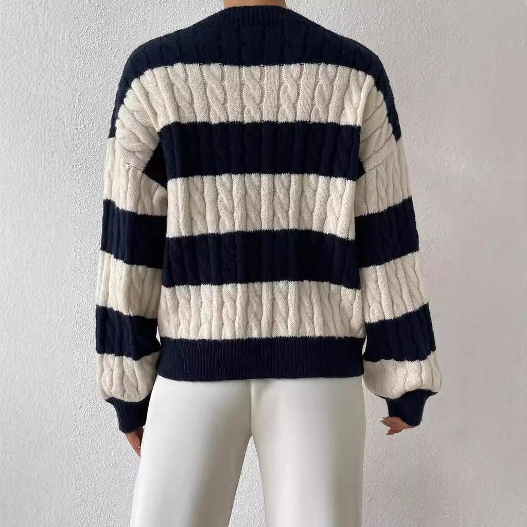 2024 Autumn/Winter V-neck Cable Knit Color Block Striped Sweater