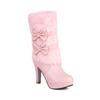 Fashion Black High Heels Mid-calf Boots for Women Faux Fur and Bow-knot Sweet White Pink Winter Women Shoes Platform Boots