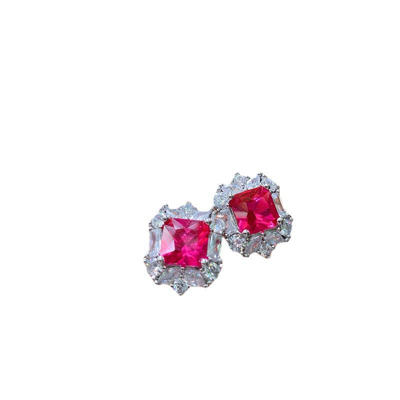 Quadratisches Schmuckset aus rotem Korund, Rubinring für Damen, Modeschmuck.
