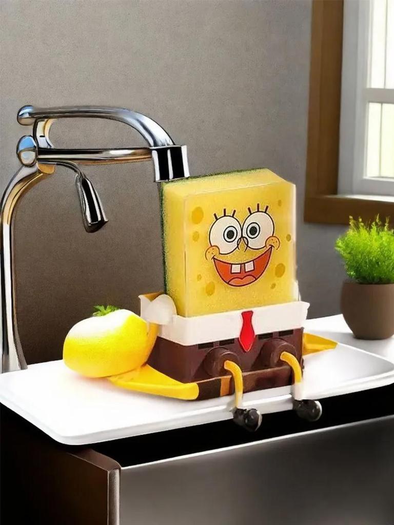 Anbefaling av kjøkkenessensielle: magisk søt SvampeBob tørkestativ, oppvasksvamp, skrubbebørste, gryteklut og oppbevaringsstativ for vasken