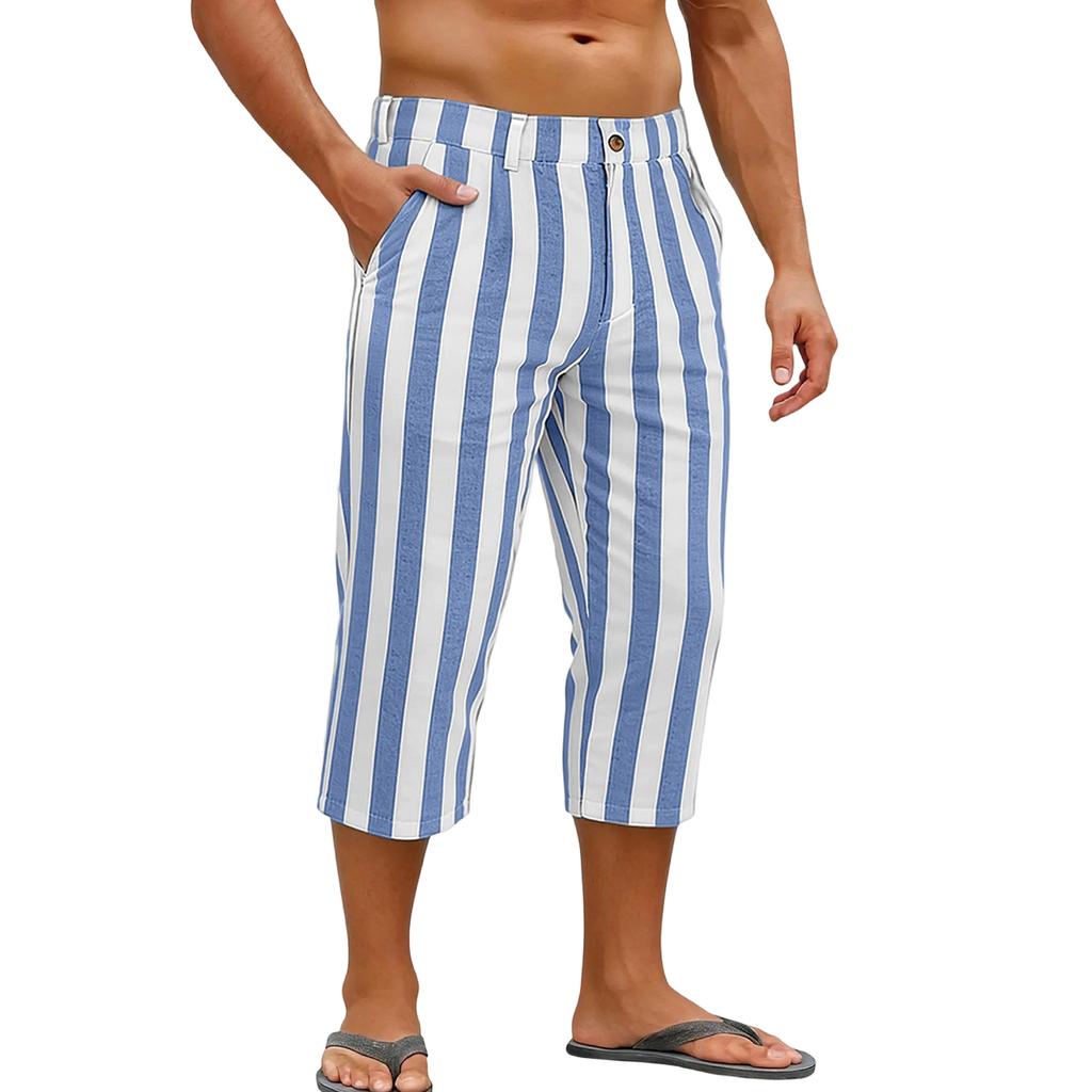 Men's Sports and Casual Striped Cropped Pants with Elastic Waist Straight Leg