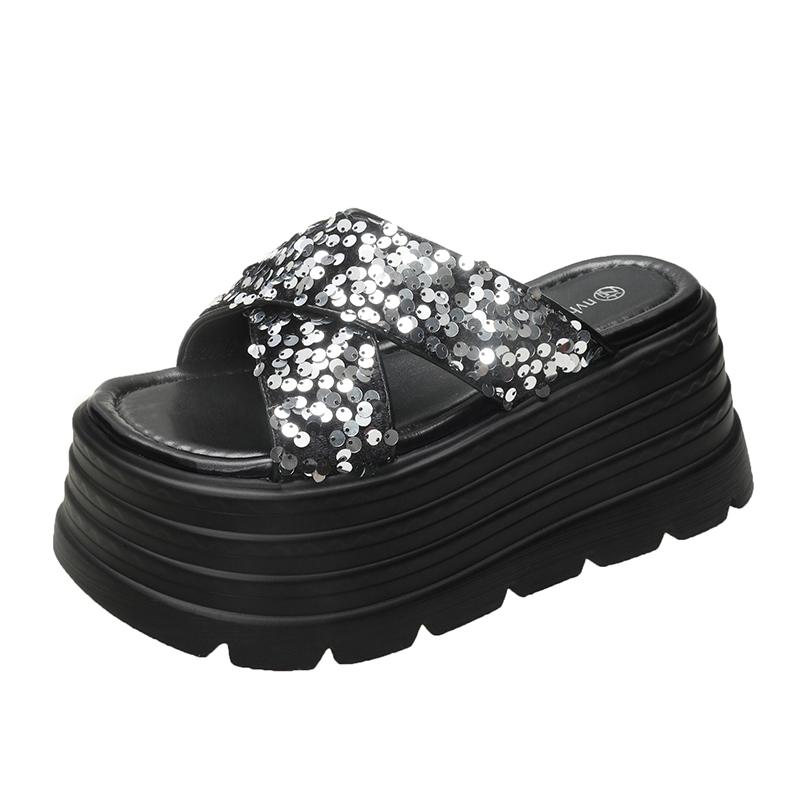 

Модные сандалии-шлепанцы на платформе Aphixta из ткани с пайетками, на высоком каблуке 8 см, женские летние пляжные туфли 34 серебряный