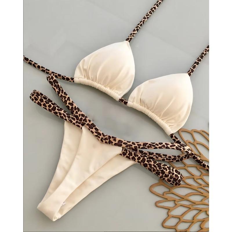 Sexy Leopard Print Patchwork Halter Bikini Set New Swimwear Women's Swimsuit Beachwear Lacing Up Bathing Suit