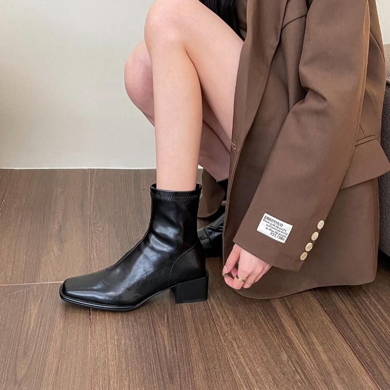 Vintage Women Western Cowgirl Boots Fashion Square Toe Shoes Autumn Winter Thick Heel Ladies Elegant Short Booties