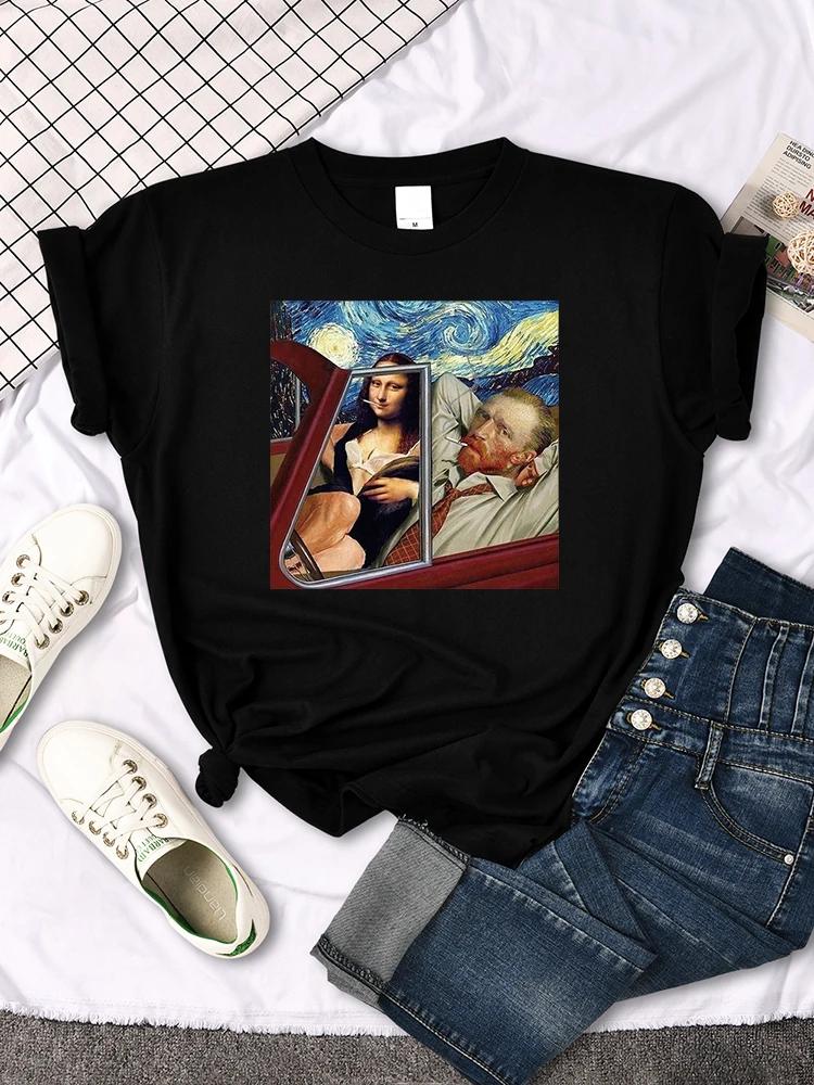 Mona Lisa T Shirts Funny Cat Lovely Cute Printed TShirt for WomenS Crewneck Gothic Women Tshirt Casual Female Tee Shirts