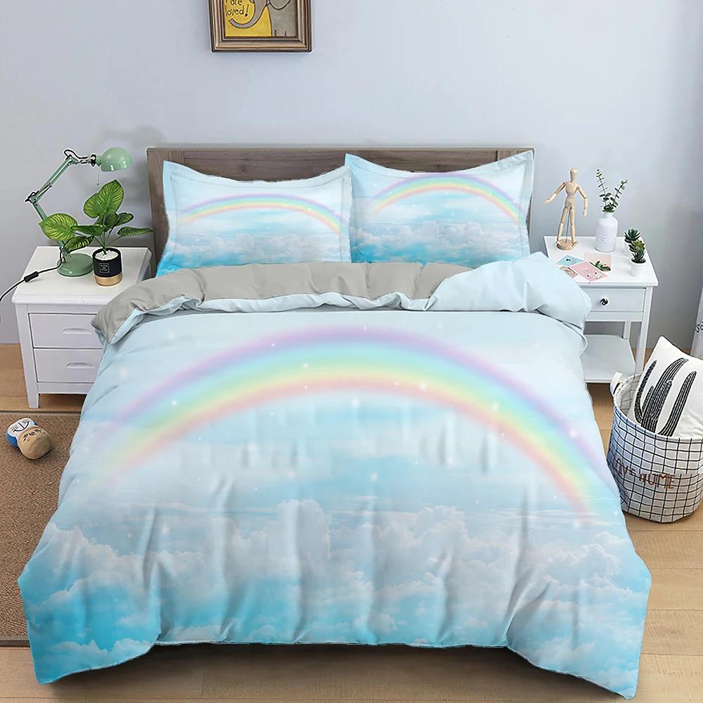 Rainbow Duvet Cover Purple Sky for Girls Women Romantic Gifts Clouds Cartoon Style Quilt Cover Bedroom Decorations Queen Size