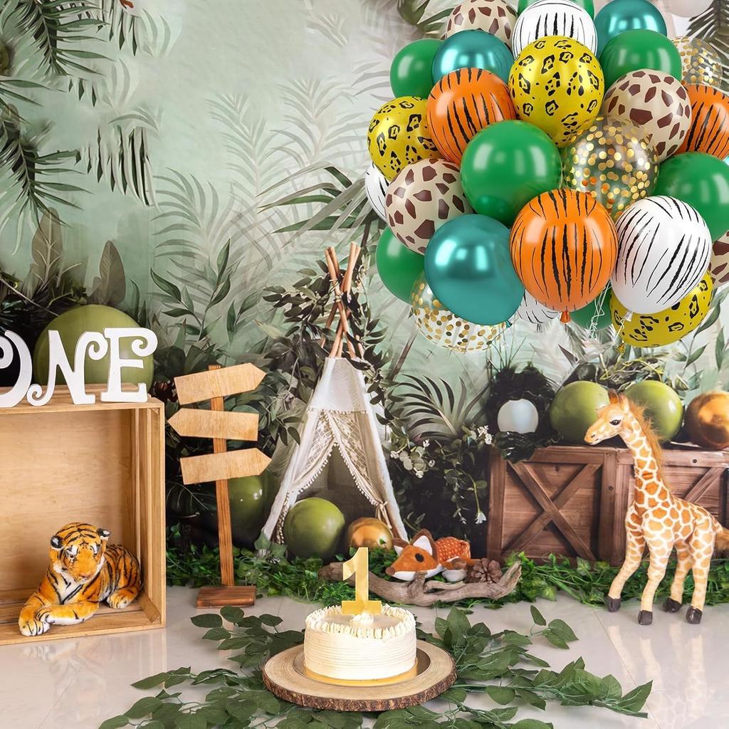 Set de 47 ballons Safari Jungle 30 cm Ballons Imprimé Animalier 25 cm Ballons Confettis Vert Doré Décoration Fête d'Anniversaire