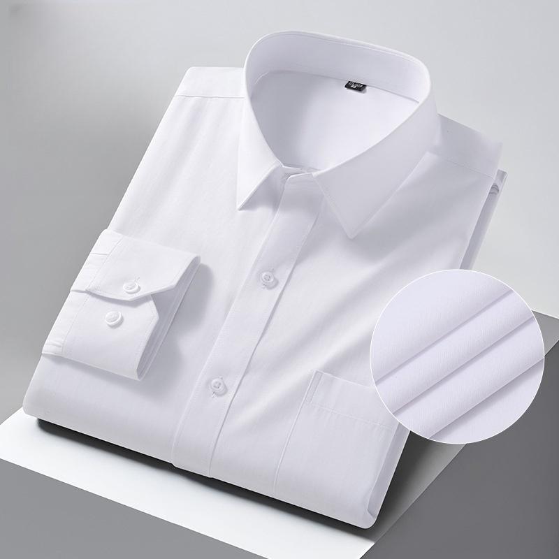 Men Formal Shirt Long Sleeve Office Solid Color Striped Anti-Wrinkle Fashion Business Pocket White Social Shirt Men's Clothing