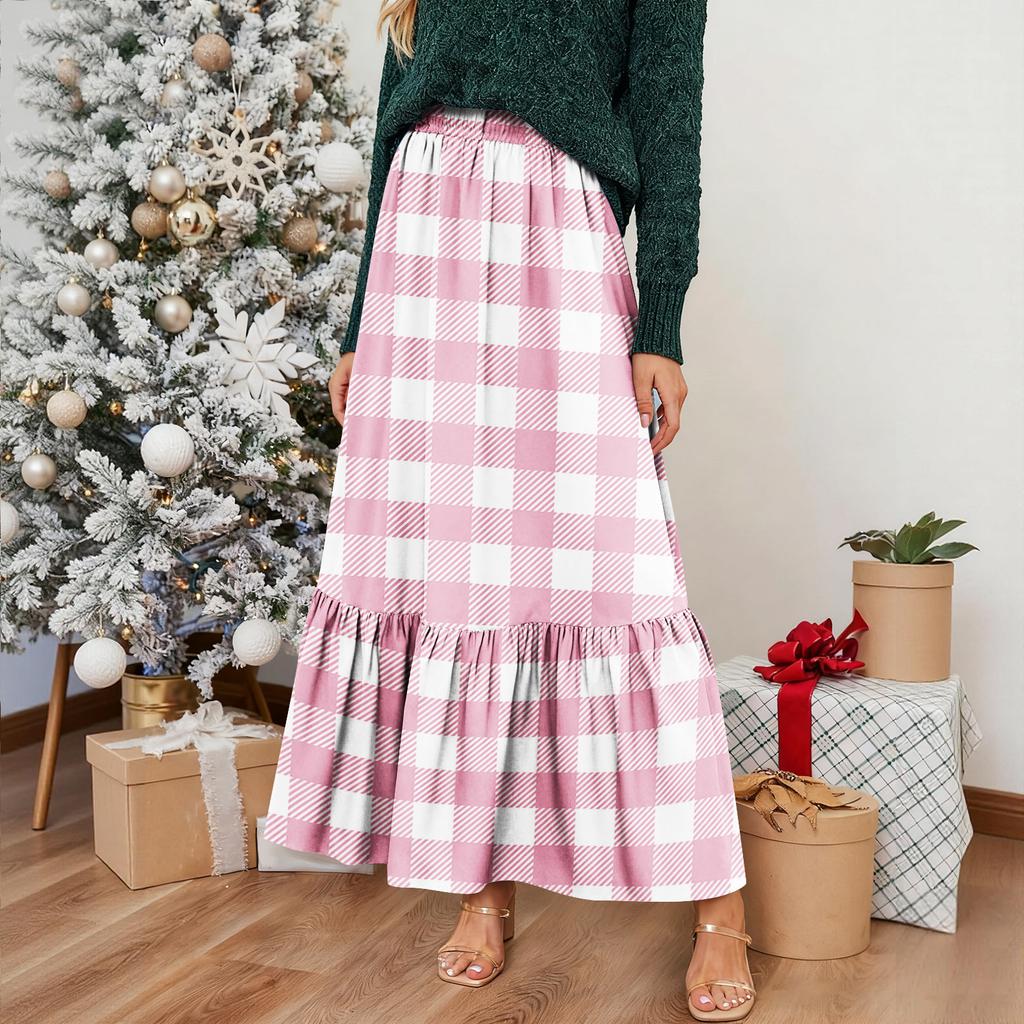 Women's Ruffled Casual Long Skirt Plaid Skirt Retro Pleated Skirt