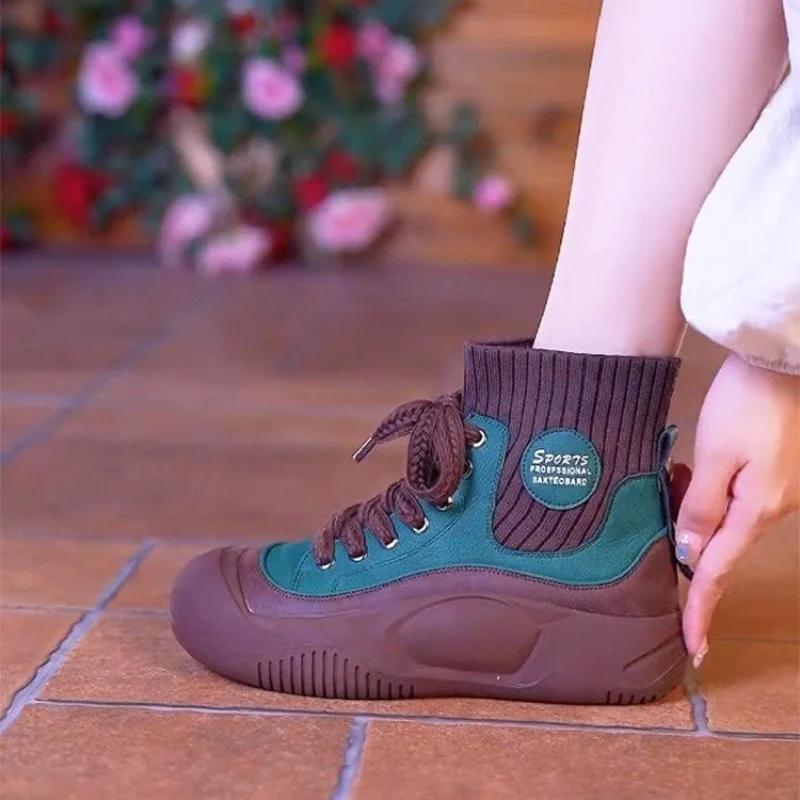 Fashion Women Boots Autumn/winter Lace Up Thick Soled High Elastic Short Boots Fashion High Top Comfort Non Slip Outdoor Shoes 2025