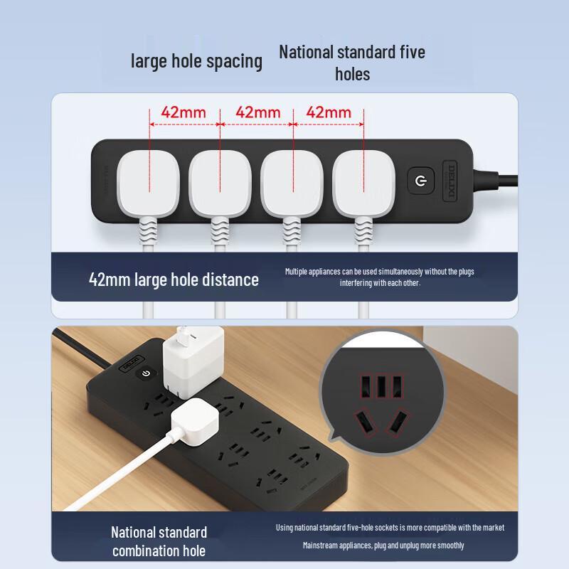DELIXI 5-Outlet Power Strip with Master Switch CN plug (adapter included)