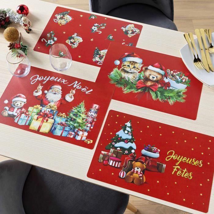 Set De Table - Noname - Chat Et Ourson De Noël - Opaque - 28 X 44 Cm - Rouge