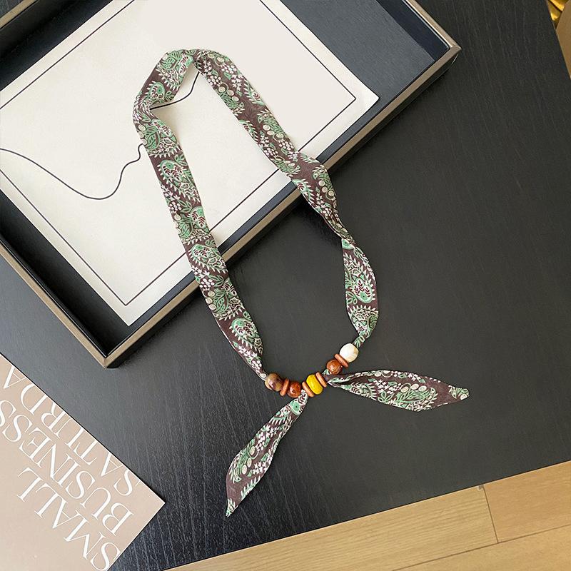 Retro Style Beaded Long Scarf Chain Necklace for Women Fashion Accessories Necklace Scarf Hijab Tie Bag Handle Ribbon Hairband