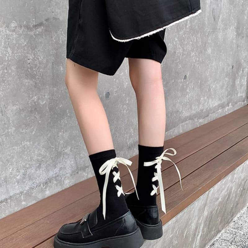 

ANGEL SOCKS 1308 Bundle Ribbon Cotton Socks 02 Black