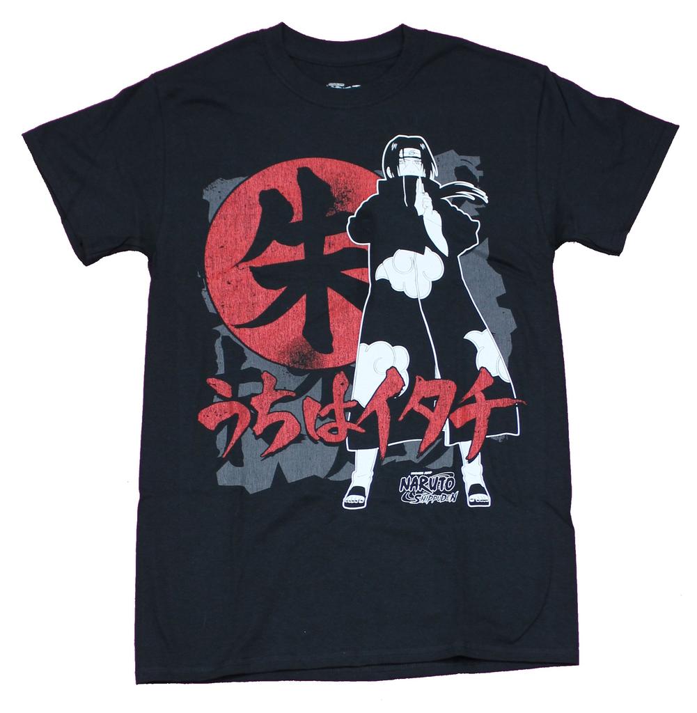 Naruto Shippuden Mens T-Shirt - Itachi Standing In Front Of Red Symbol Image