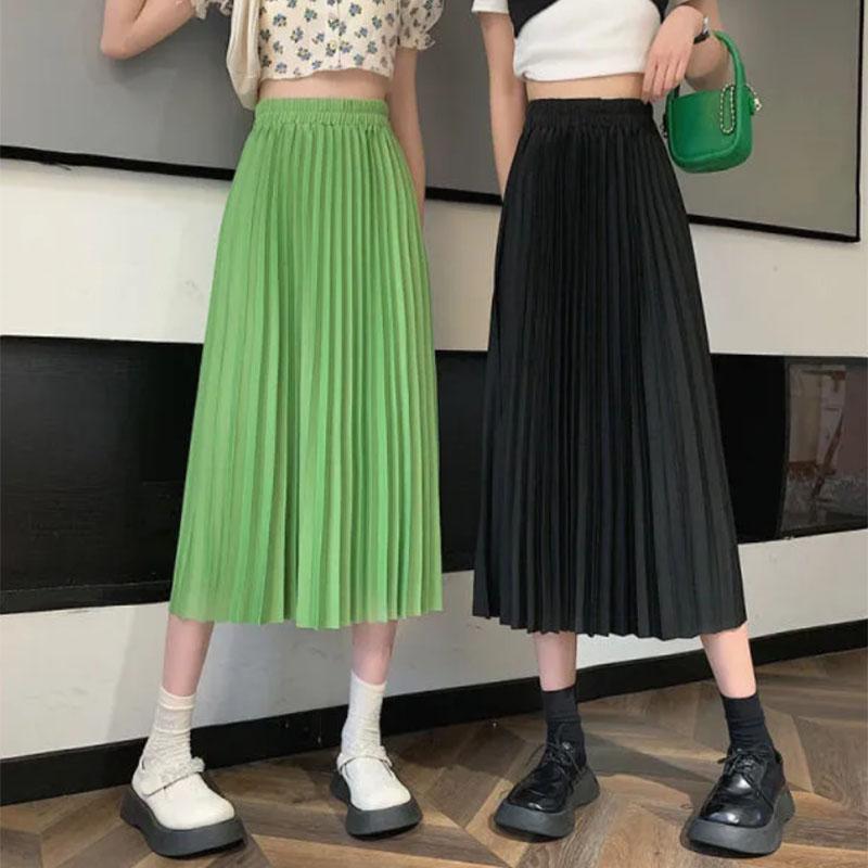 High Waist Thin Section Thin Drape Feeling Small Medium Length A Word Crinkle Skirt Chiffon Through Pleated Half Body Skirts