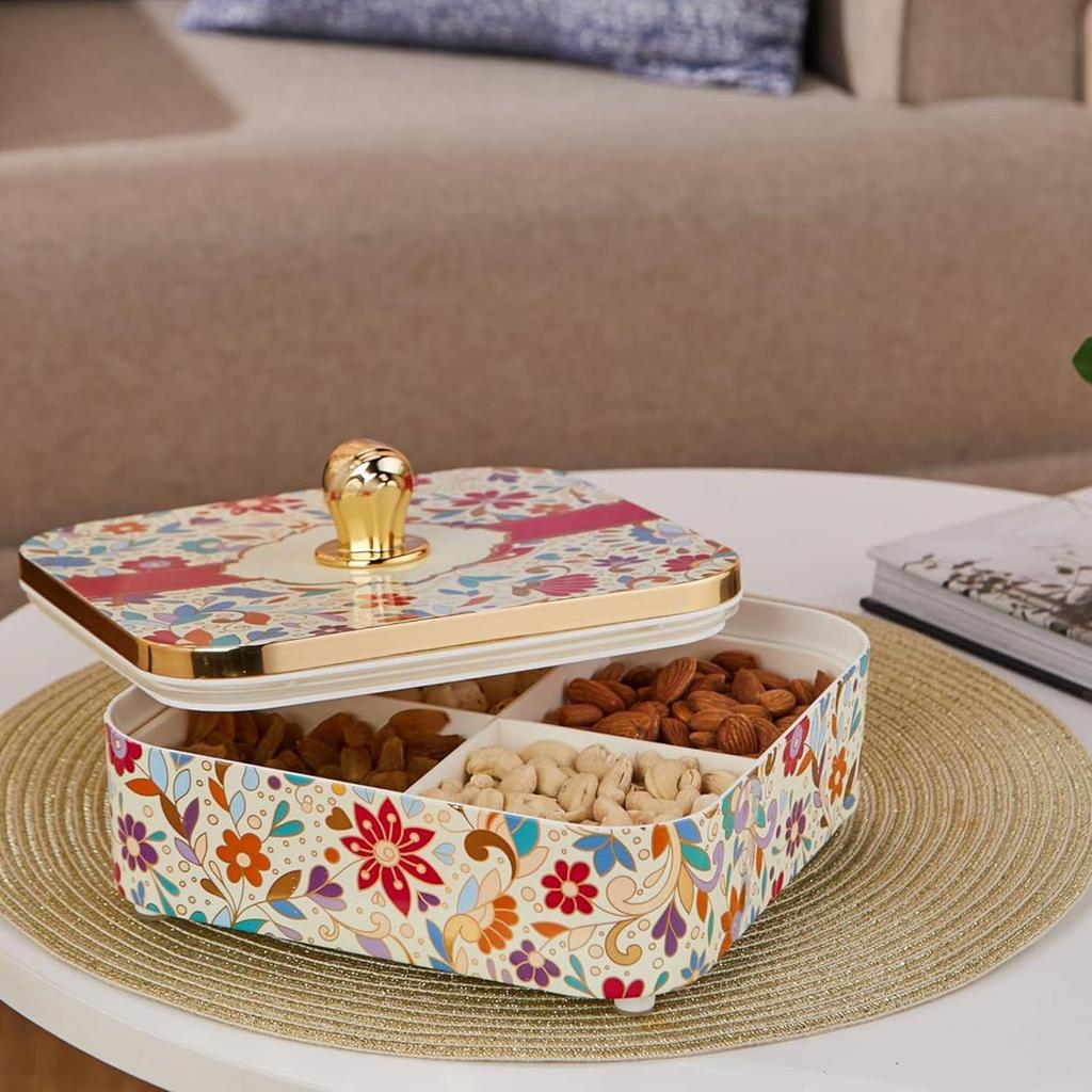 Airtight Dry Fruit Container With Serving Tray & Lid | Plastic Dry Food Storage Box | for Gifting | Multi-Purpose Box | 4-Section Serving Set |