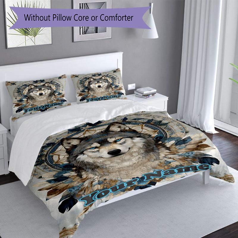 3PC Custom Name Wolf Spirit Dreamcatcher Bedding Set Duvet Cover Closure Includes 1 Duvet Cover & 2 Pillowcases for Bedroom