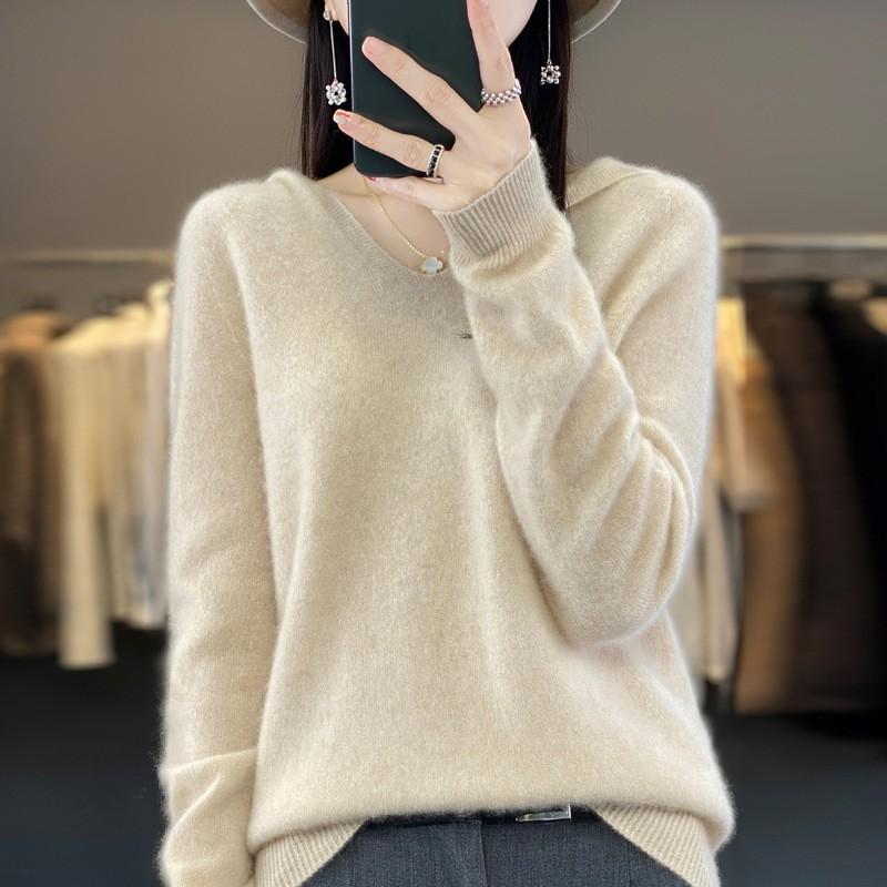 Women's Fall/Winter V-Neck Hooded Pullover Sweatshirt Cropped Knit Sweater
