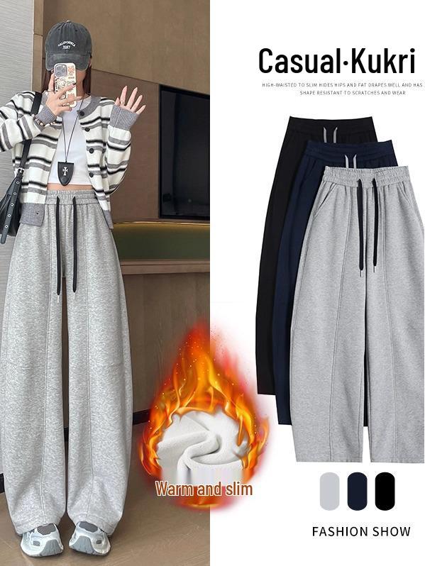 Women's Plus Velvet Wide-Leg Pants, Casual High School Sports Sweatpants, Thickened for Autumn/Winter