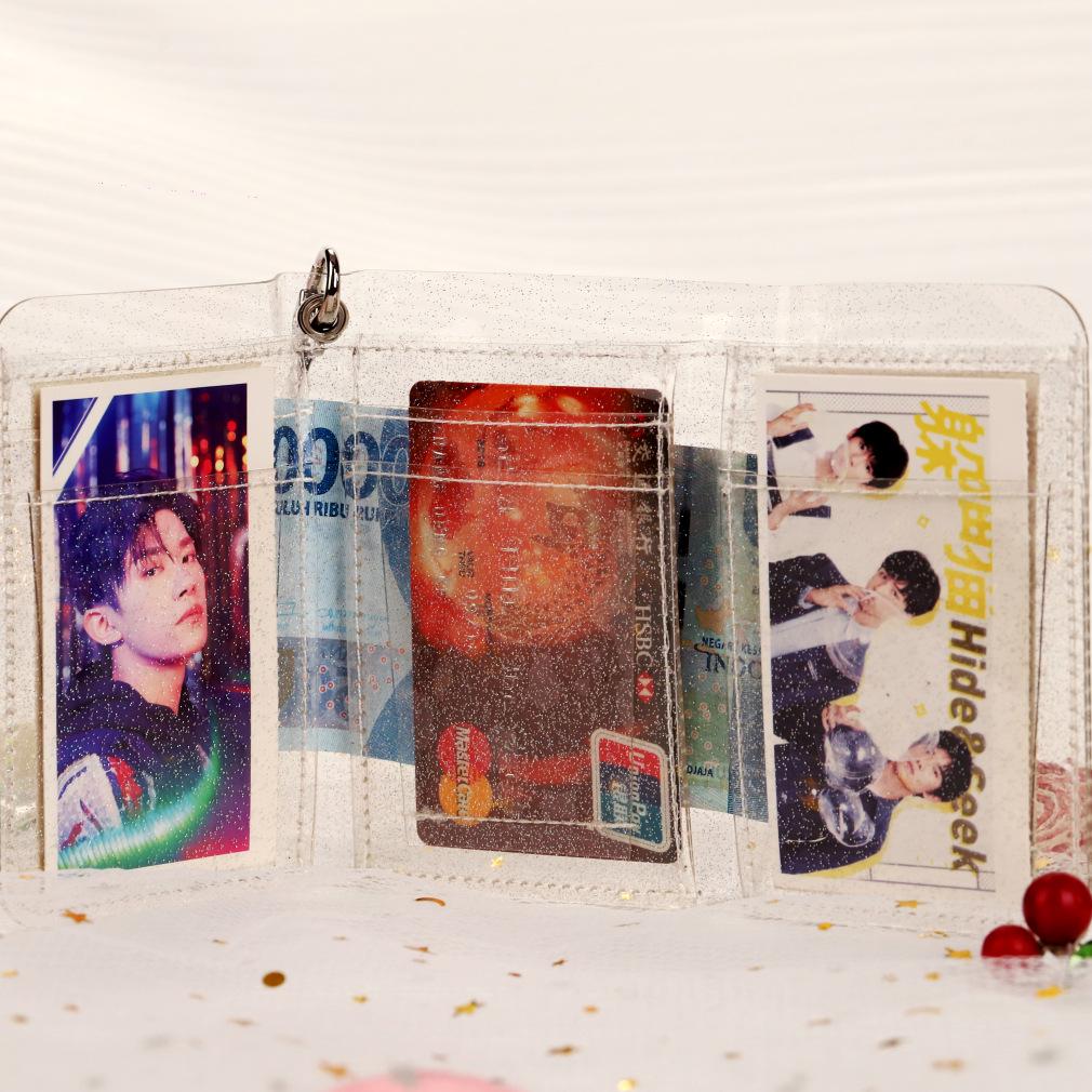 Průhledný držák na karty PVC skládací Krátká peněženka Ins Korejská móda Ženy Dívka Glitter Vizitky s Lany