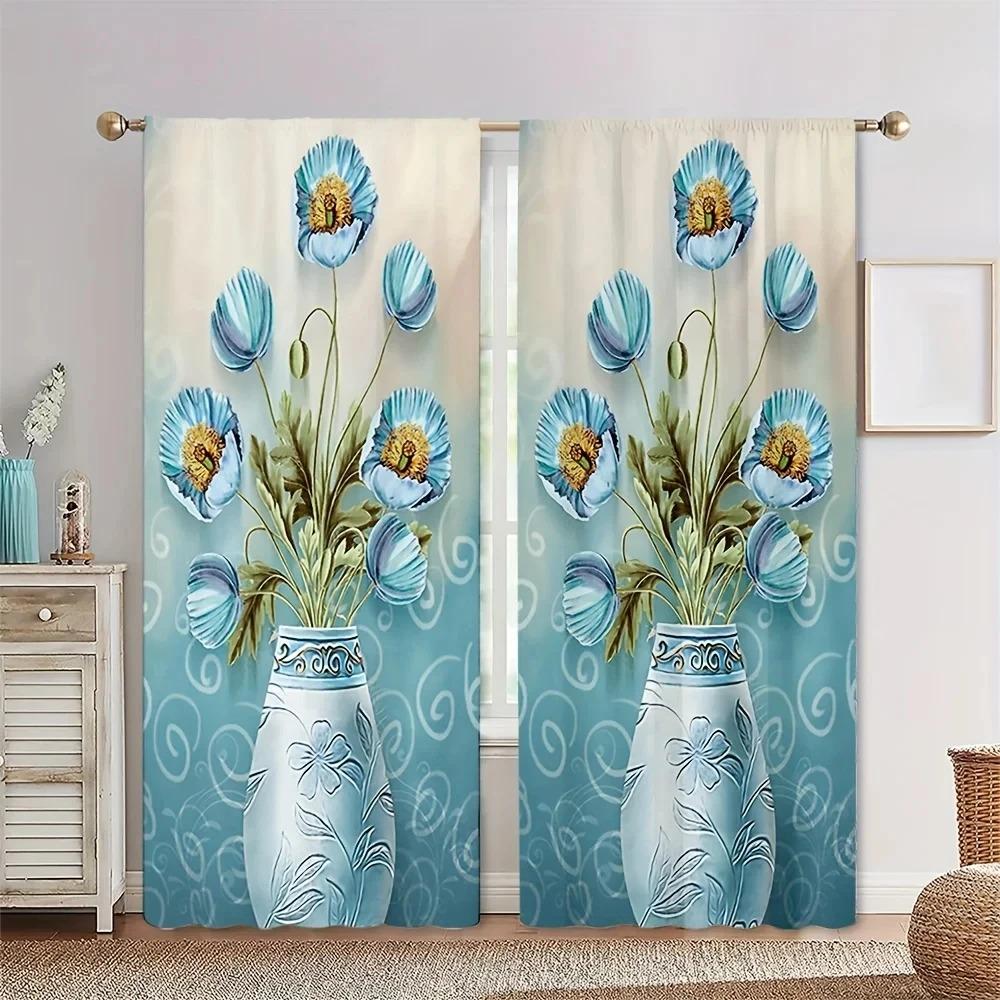 2 Pieces Sunflower Vase Luxury Gold Flower Western Classical Vase Window Treatment Curtains For Living Room Bedroom Home Decor