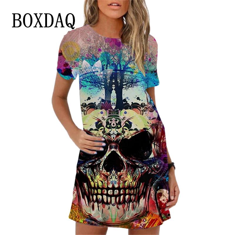

Funny Halloween Party Skull Pattern Print Dress For Women Gothic Style Dress Summer New Harajuku Sundress 6XL