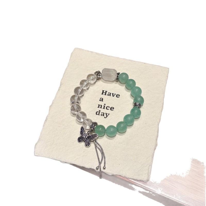 Handmade Natural White Quartz Green Strawberry Crystal Butterfly Tassel Bracelet Women Vintage Cool Aesthetic 9mm Round