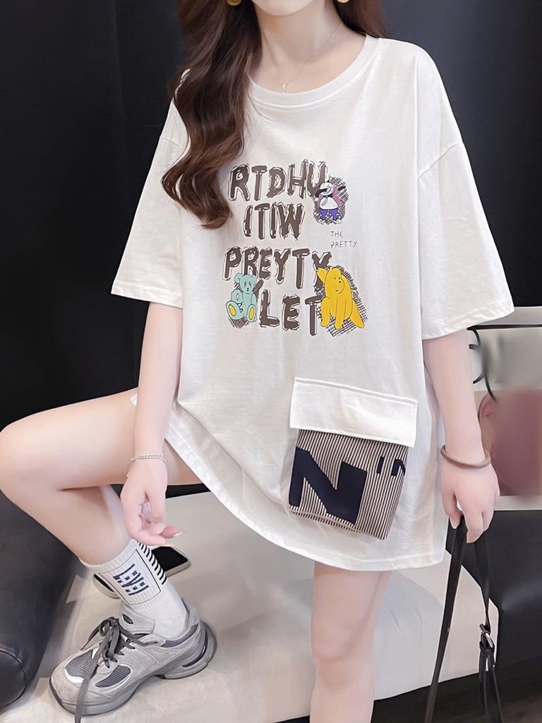 New Summer Women's T-shirt Short-sleeve Cotton Mid-Length Pocket Loose Slim Shirt Split Round Neck Cartoon Letter Printed Tops