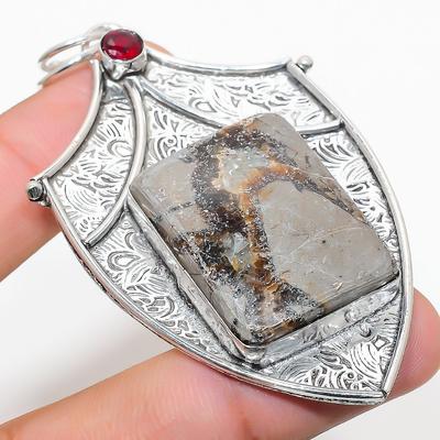 Natural Septerian Stone, Garnet Gemstone 925 Sterling Silver Pendant 2.96" Y6I63