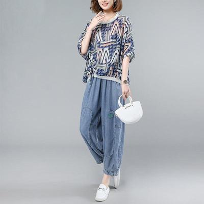 Summer 2023 Stylish Loose Fit Two-Piece Suit for Middle-Aged Women - Short-Sleeve Top & Pants Set