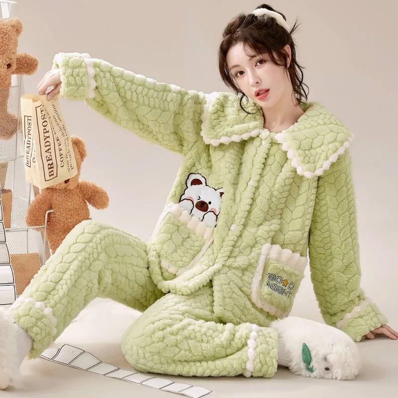Women's Thickened Loose Size Pajamas Set Flannel Home Wear Cute Sweet Autumn Winter Loungewear Suit Warm Coral Velvet Sleepwear