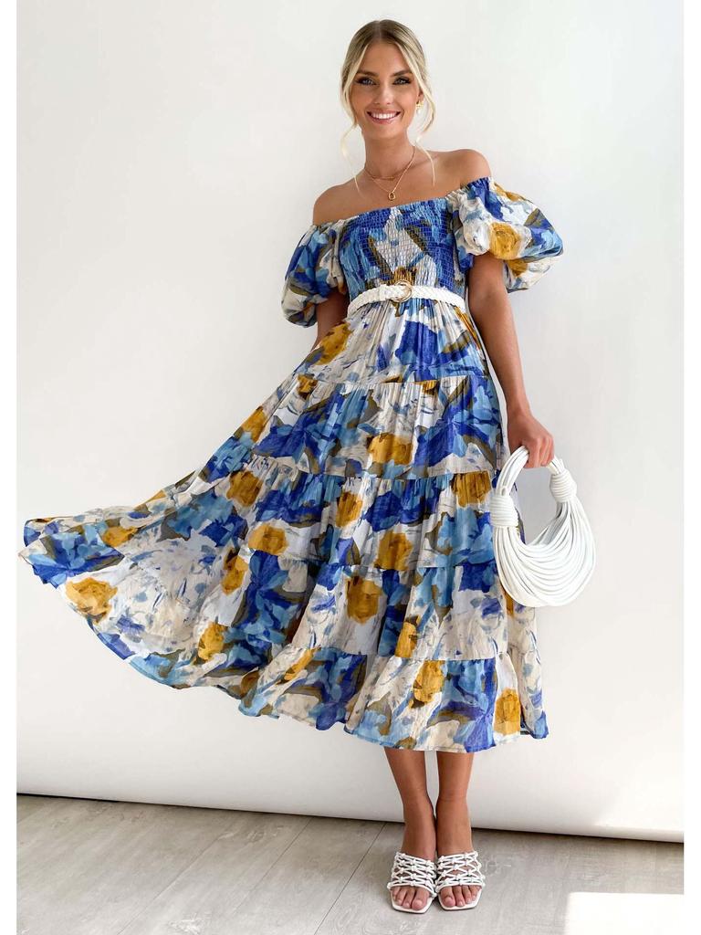 2024 Sommer Einseitiges Puffärmel Slim Langes Kleid