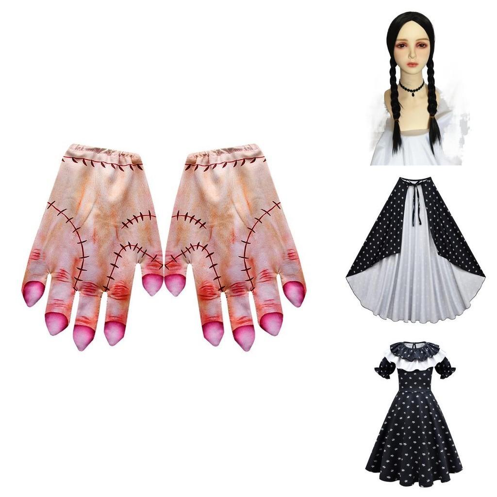 Mittwoch Addams Kleid Perücke Cosplay Kostüm für Mädchen Kinder Halloween Weihnachten Party