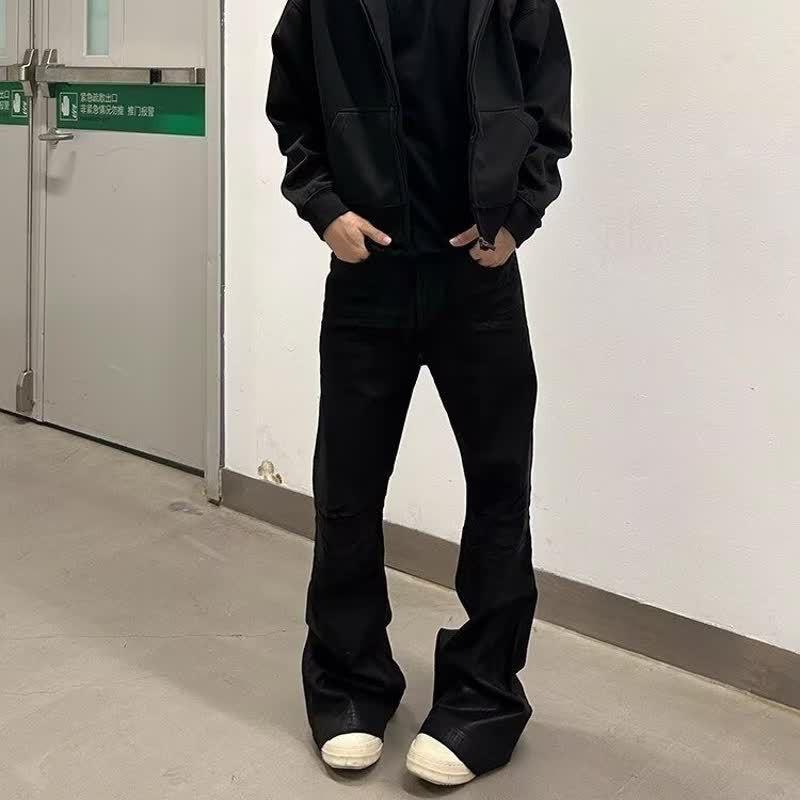 Pantaloni in denim lavato effetto invecchiato da uomo con cuciture gamba dritta vita media misto cotone casual streetwear