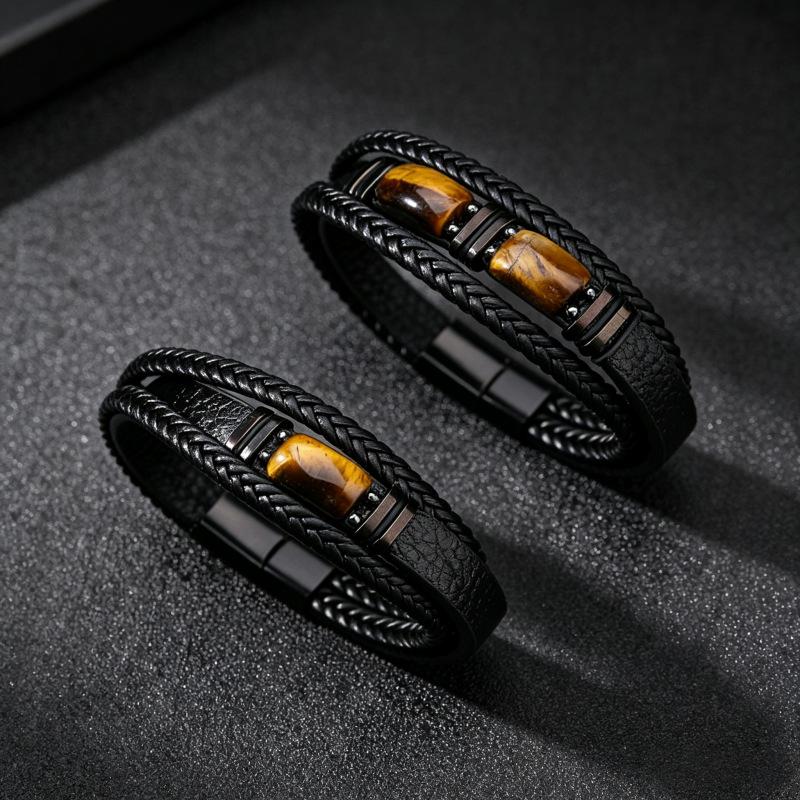 Men's Double Layer Leather Bracelet with Tiger Eye Stones