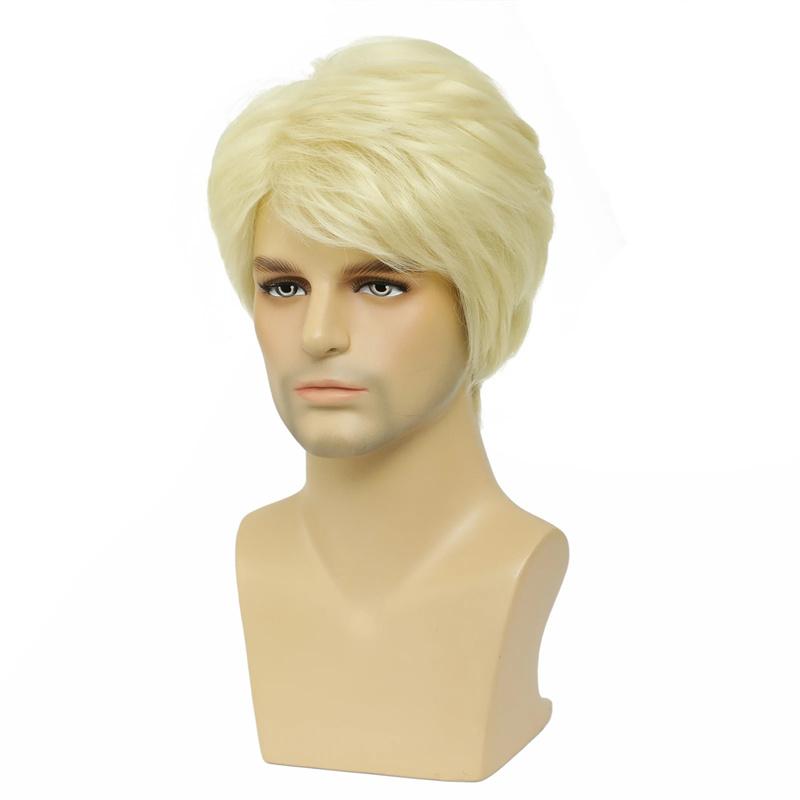 Men's Short Golden Blonde Wigs Synthetic Natural Wavy Wig with Side Bangs Men Cosplay Wig Trump Costume Roleplay Daily Party