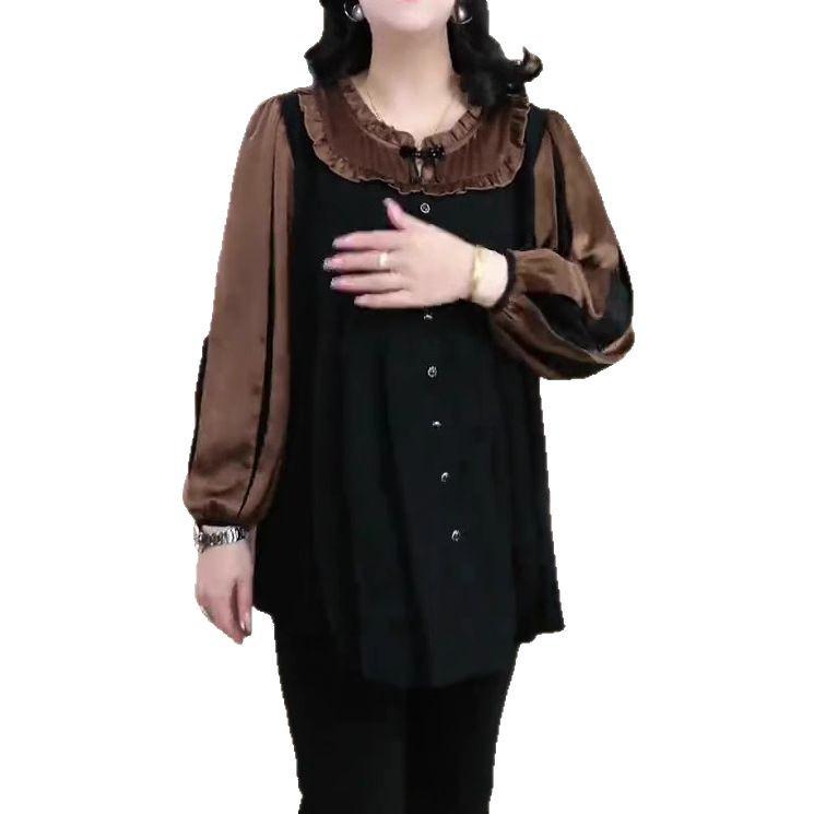 Spring Luxury Silk-Blend Frog Button Long Sleeve Plus Size Blouse for Mid-Aged Women