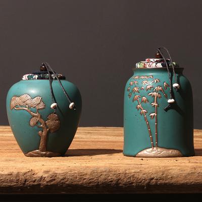 Japon El Boyaması Seramik Çay Kutusu – Kabartmalı Retro Çay, Kahve Saklama Kavanozu